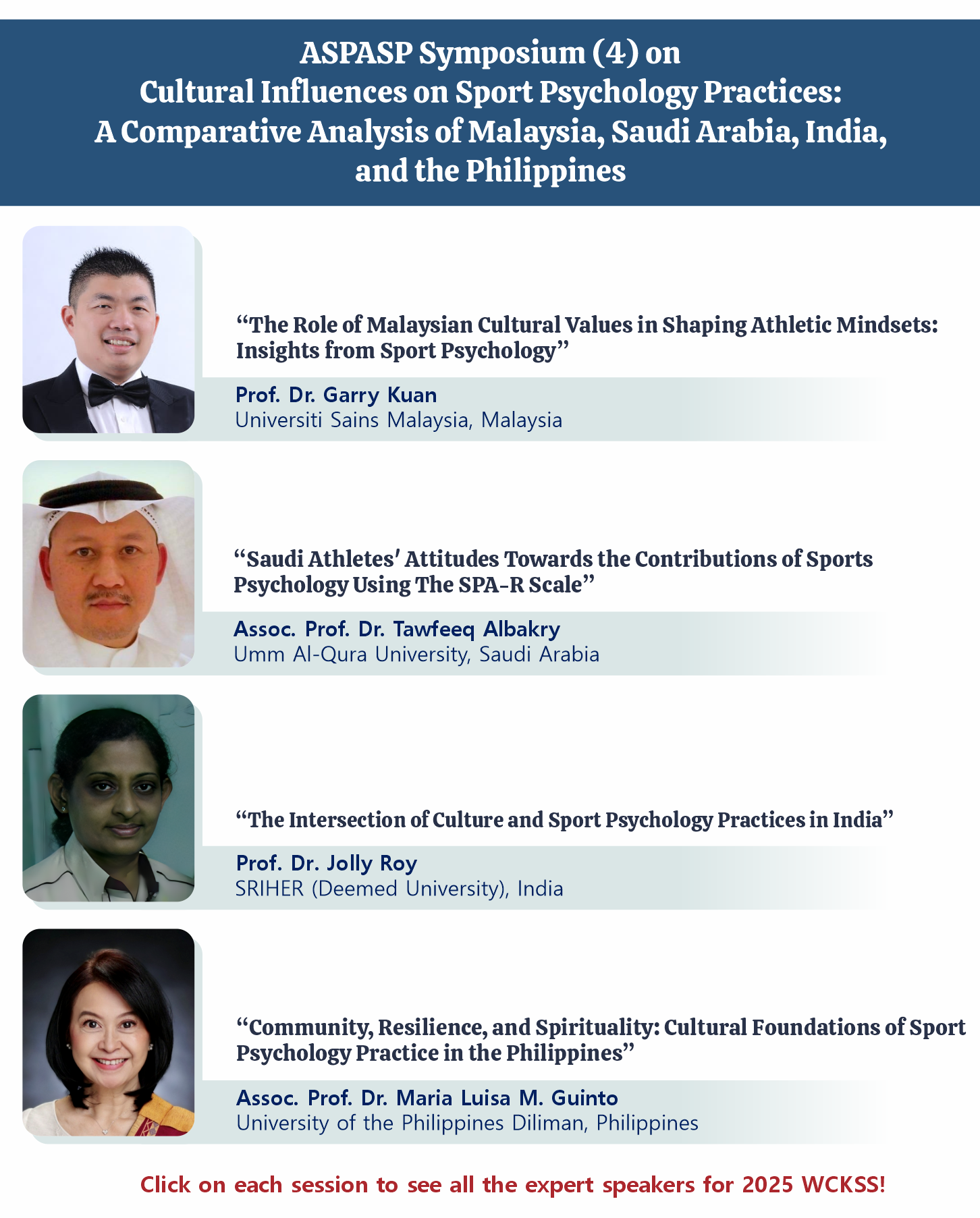 ASPASP Symposium (4) on Cultural Influences on Sport Psychology Practices: A Comparative Analysis of Malaysia, Saudi Arabia, India, and the Philippines